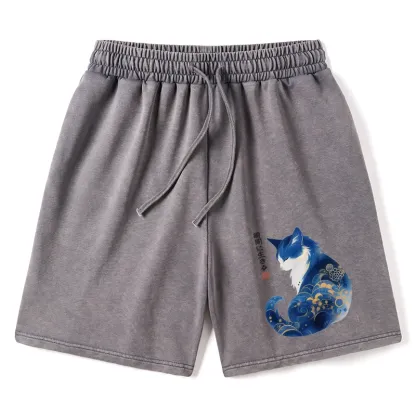 Tokyo-Tiger Retro Zen Cat: Living the Present Washed Shorts