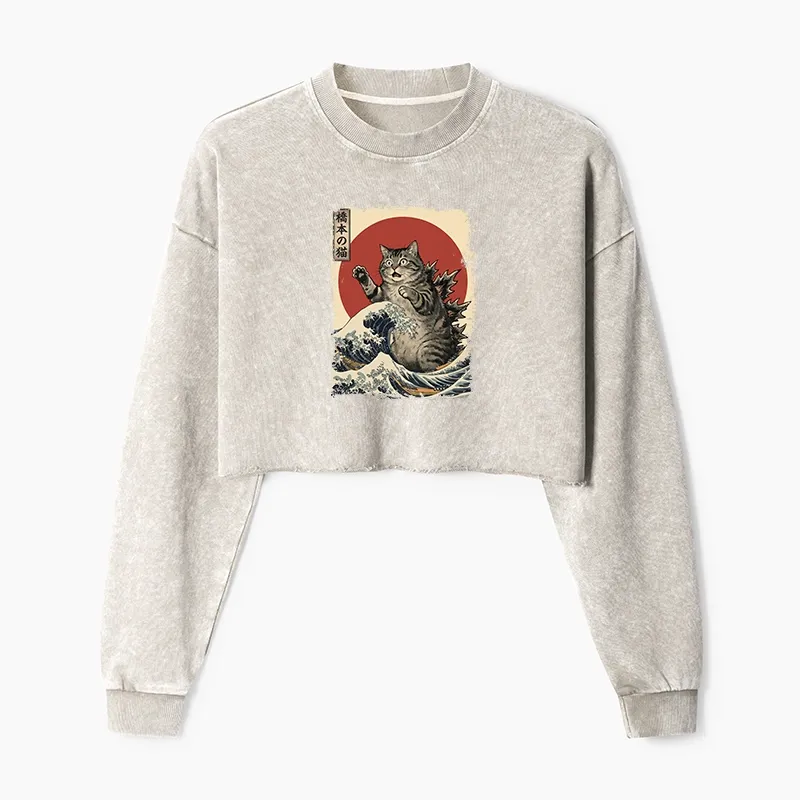 Tokyo-Tiger Catzilla Is Causing Destruction Washed Crop Sweatshirt