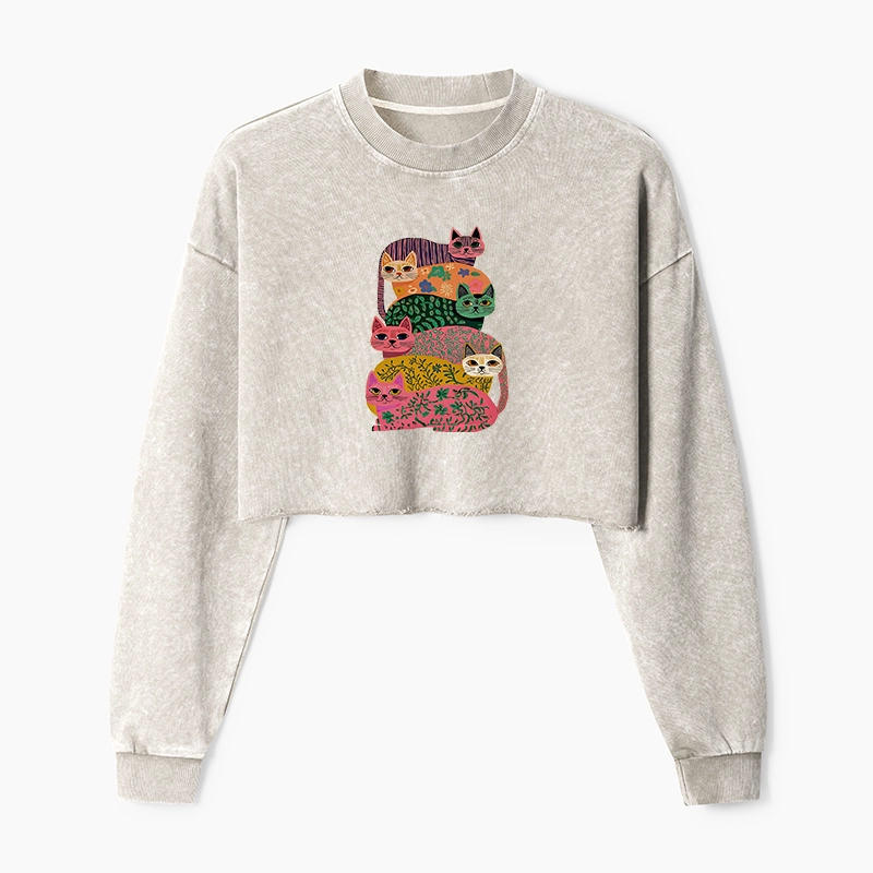 Tokyo-Tiger Colorful Cats Washed Crop Sweatshirt
