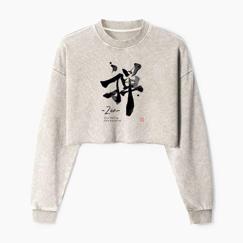 Tokyo-Tiger Zen Texts Washed Crop Sweatshirt