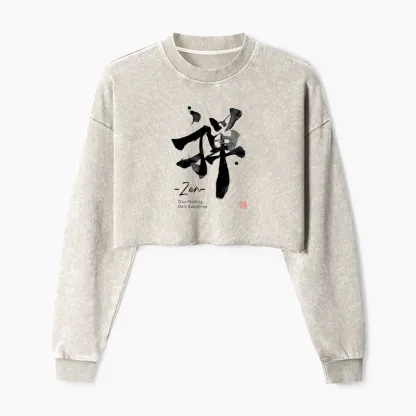 Tokyo-Tiger Zen Texts Washed Crop Sweatshirt