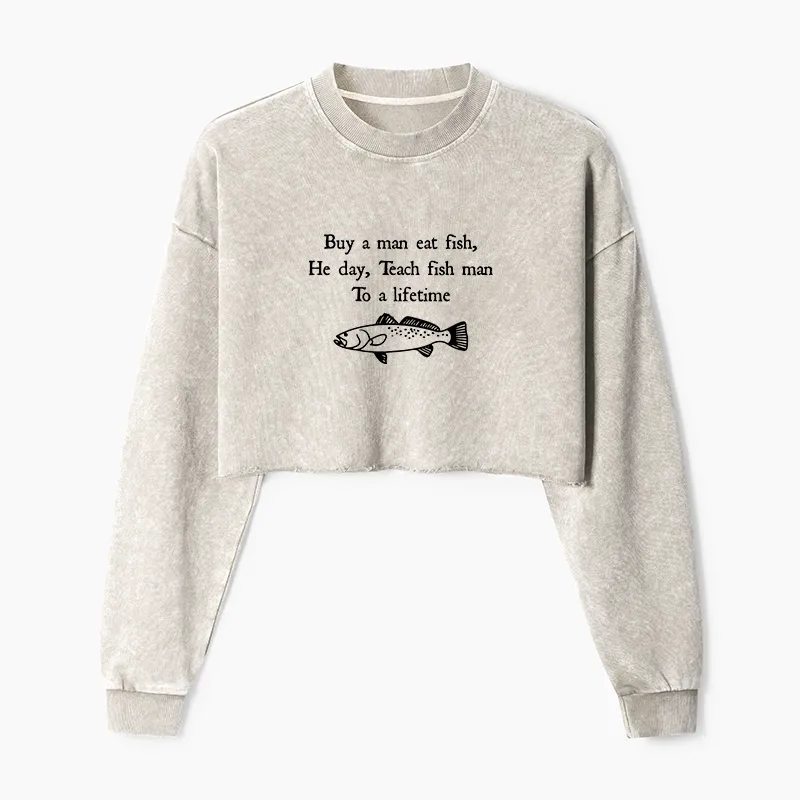 Tokyo-Tiger Man Eat Fish Meme Washed Crop Sweatshirt Sale