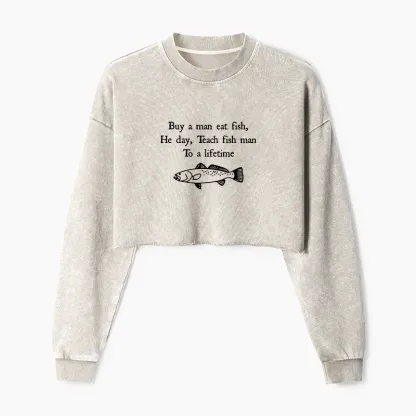 Tokyo-Tiger Man Eat Fish Meme Washed Crop Sweatshirt
