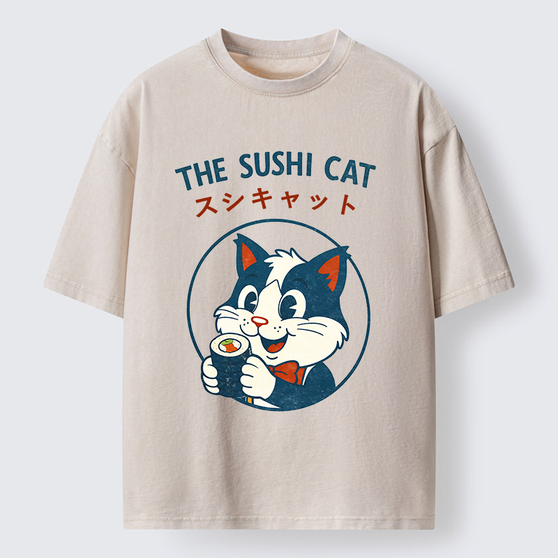 Tokyo-Tiger Cat Sushi Funny Washed T-Shirt