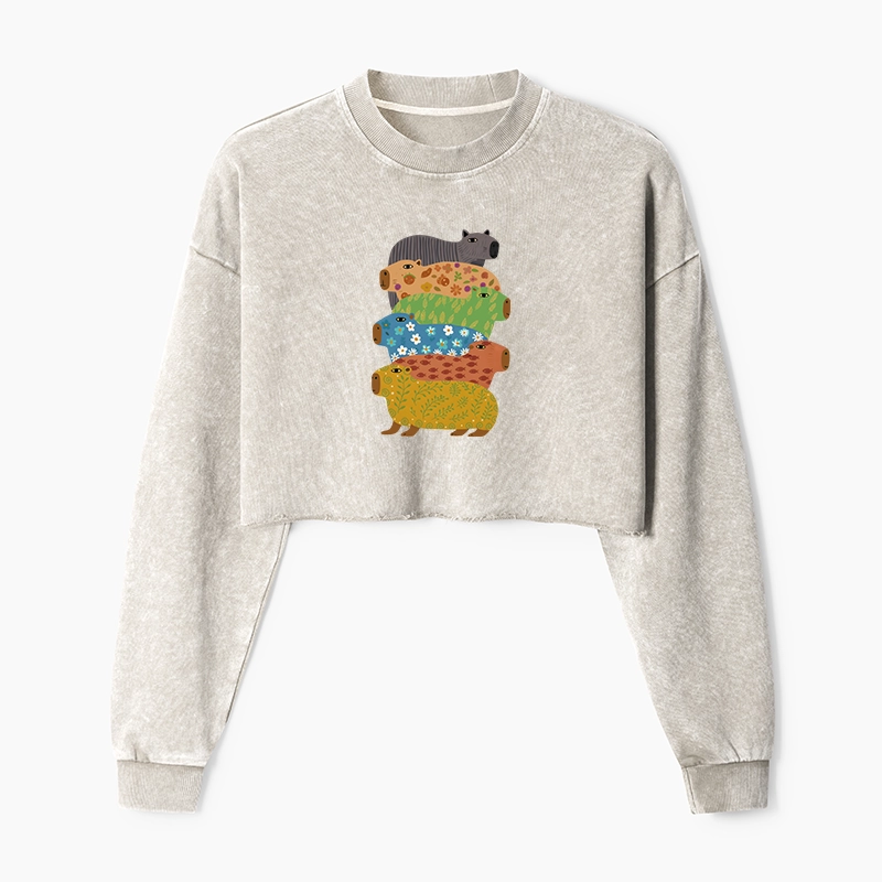 Tokyo-Tiger Colorful Capybaras Washed Crop Sweatshirt