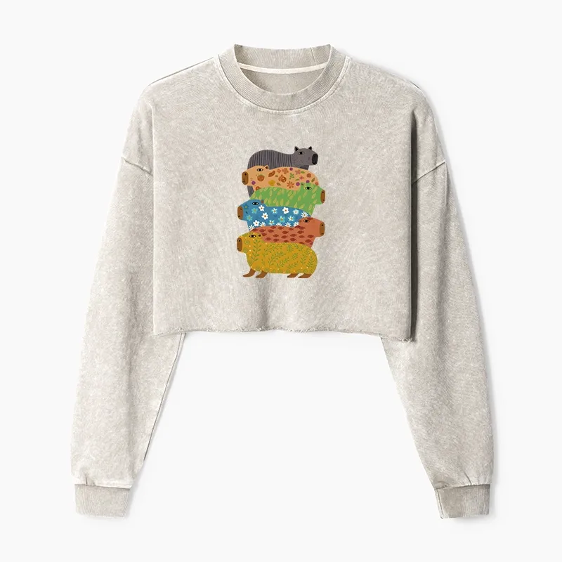 Tokyo-Tiger Colorful Capybaras Washed Crop Sweatshirt