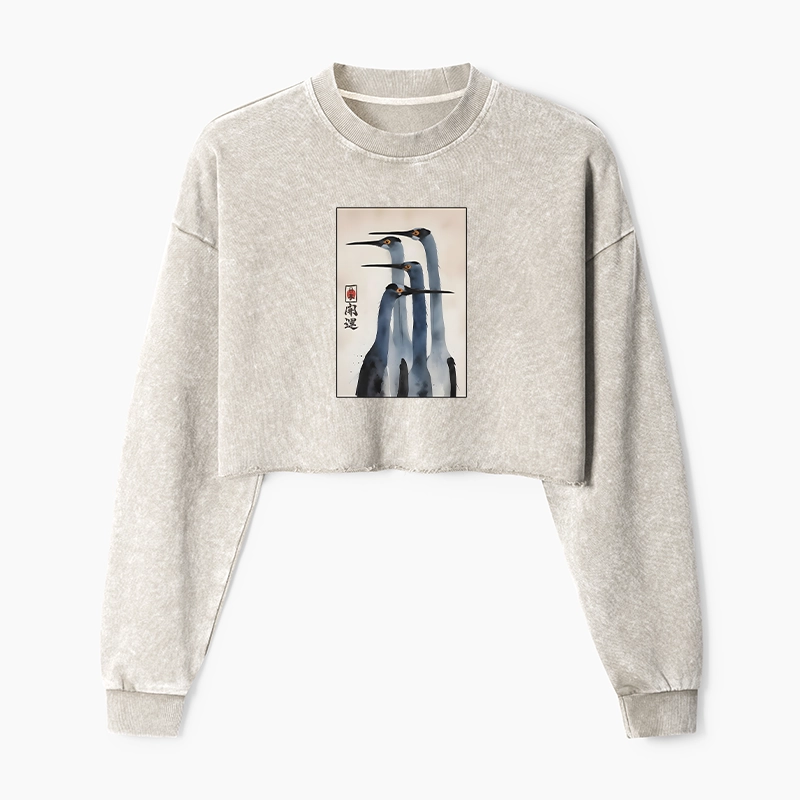 Tokyo-Tiger Retro Sandhill Crane Washed Crop Sweatshirt