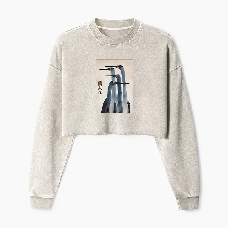 Tokyo-Tiger Retro Sandhill Crane Washed Crop Sweatshirt
