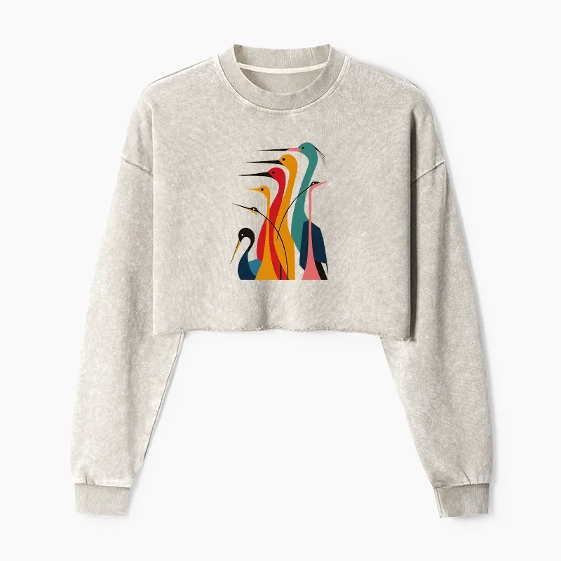 Tokyo-Tiger Various Types Of Cranes Washed Crop Sweatshirt