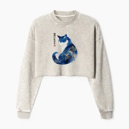 Tokyo-Tiger Retro Zen Cat: Living the Present Washed Crop Sweatshirt