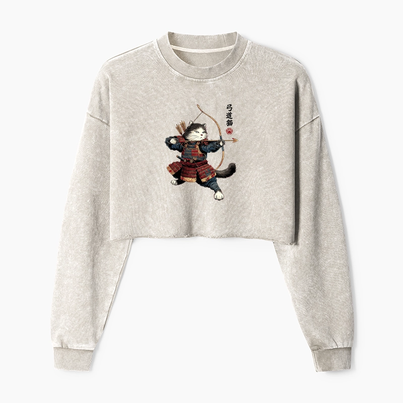 Tokyo-Tiger Kyudo Samurai Cat Washed Crop Sweatshirt