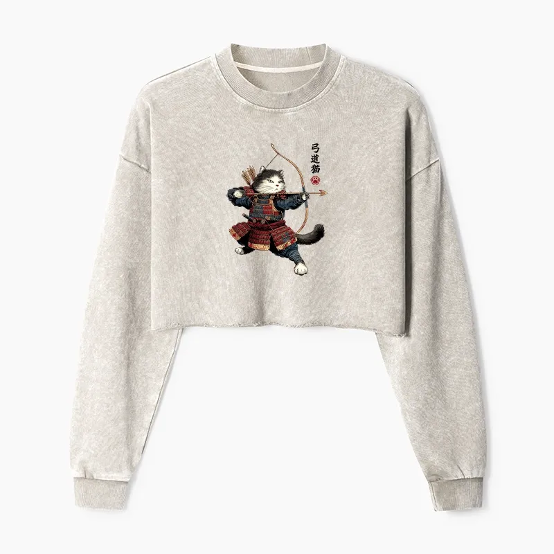 Tokyo-Tiger Kyudo Samurai Cat Washed Crop Sweatshirt