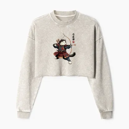 Tokyo-Tiger Kyudo Samurai Cat Washed Crop Sweatshirt