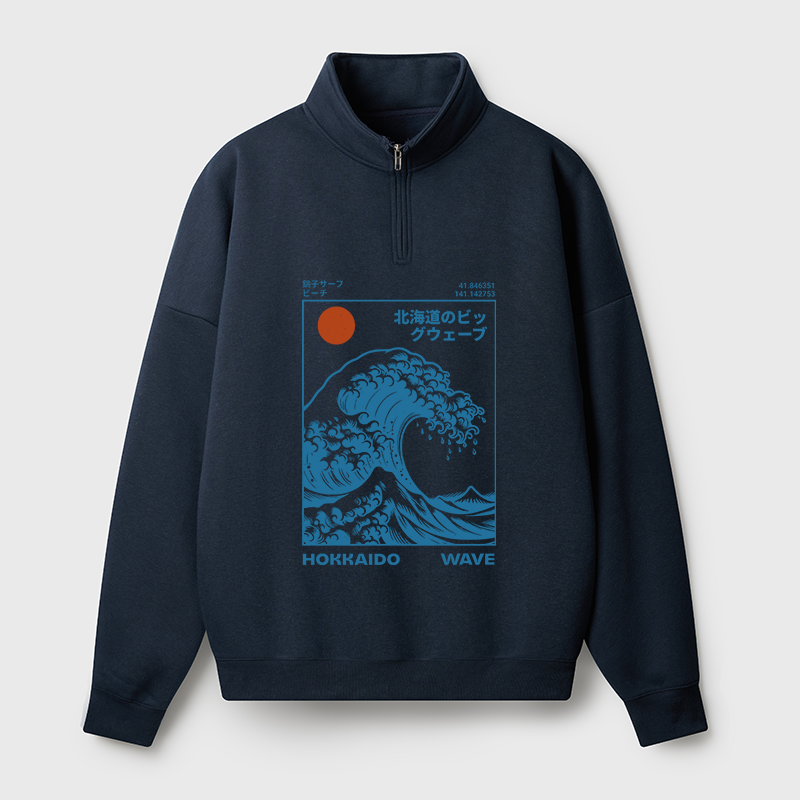 Tokyo-Tiger Hokkaido Wave Japan Half Zip Fleece Sweatshirt
