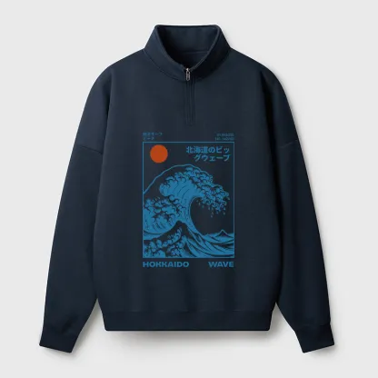 Tokyo-Tiger Hokkaido Wave Japan Half Zip Fleece Sweatshirt