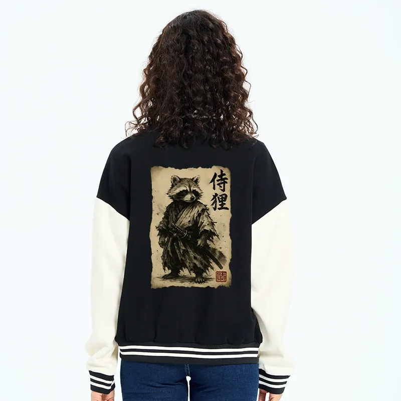 Tokyo-Tiger Retro Raccoon Samurai Embroidery Varsity Jacket