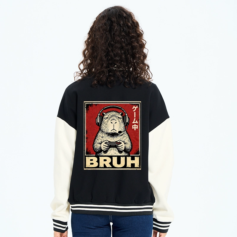 Tokyo-Tiger Funny Capybara Playing Games Embroidery Varsity Jacket