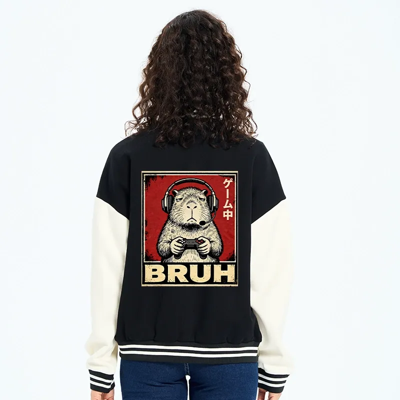 Tokyo-Tiger Funny Capybara Playing Games Embroidery Varsity Jacket
