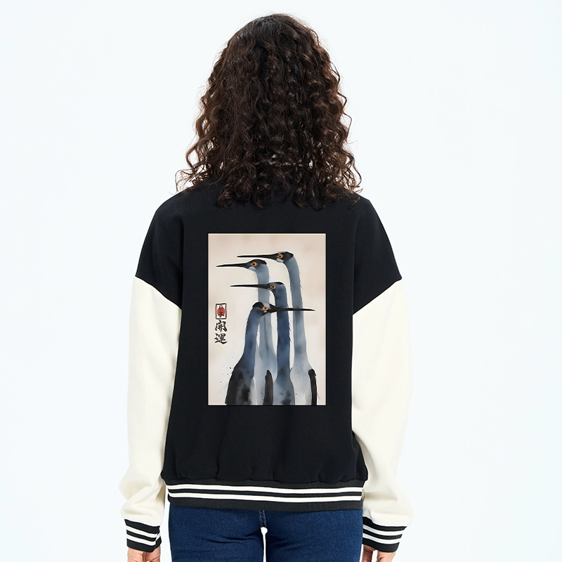 Tokyo-Tiger Retro Sandhill Crane Embroidery Varsity Jacket