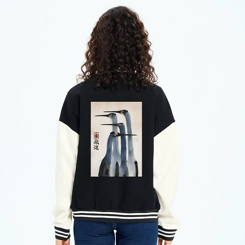 Tokyo-Tiger Retro Sandhill Crane Embroidery Varsity Jacket