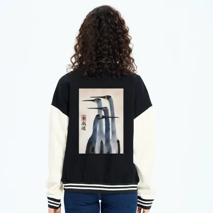 Tokyo-Tiger Retro Sandhill Crane Embroidery Varsity Jacket