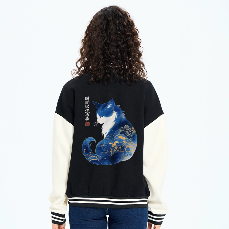 Tokyo-Tiger Retro Zen Cat: Living the Present Embroidery Varsity Jacket