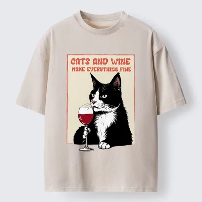 Tokyo-Tiger Tuxedo Cat Drinking Funny Washed T-Shirt
