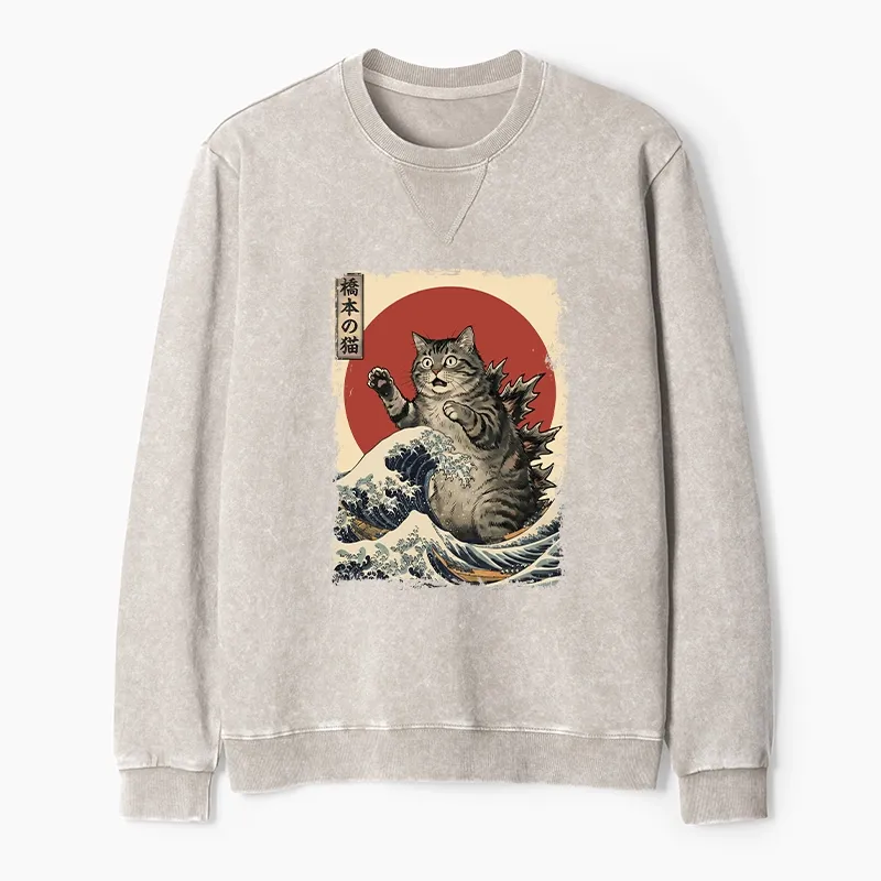 Tokyo-Tiger Catzilla Is Causing Destruction Washed Terry Sweatshirt