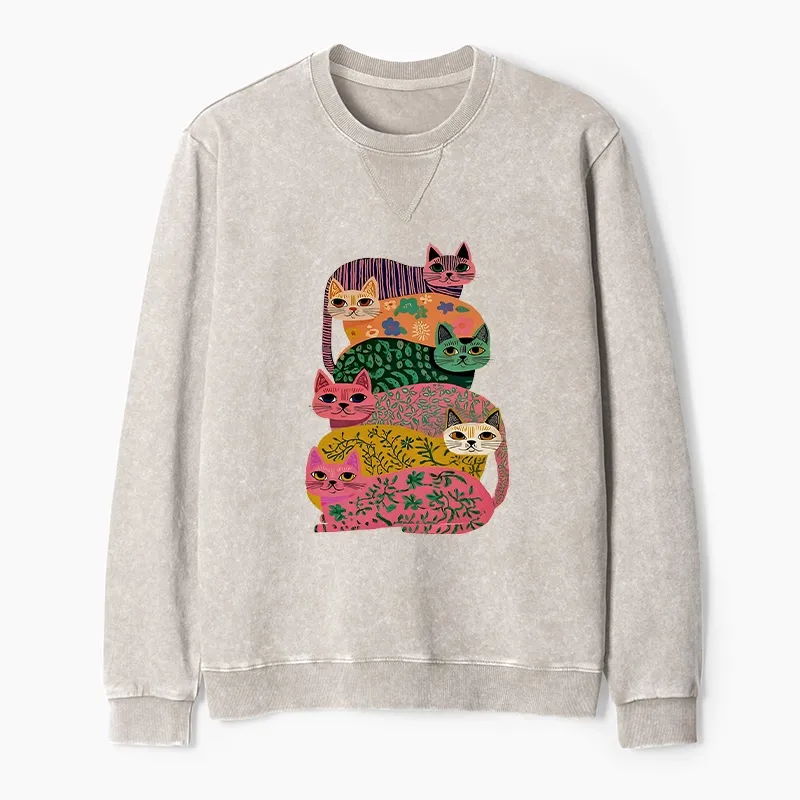 Tokyo-Tiger Colorful Cats Washed Terry Sweatshirt Sale