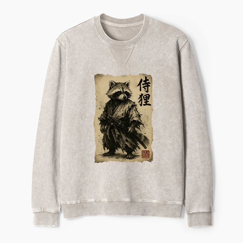 Tokyo-Tiger Retro Raccoon Samurai Washed Terry Sweatshirt