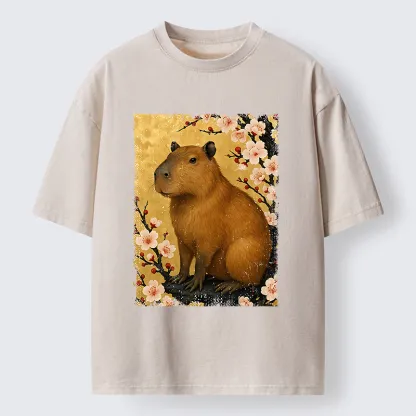 Tokyo-Tiger Capybara And Sakura Washed T-Shirt
