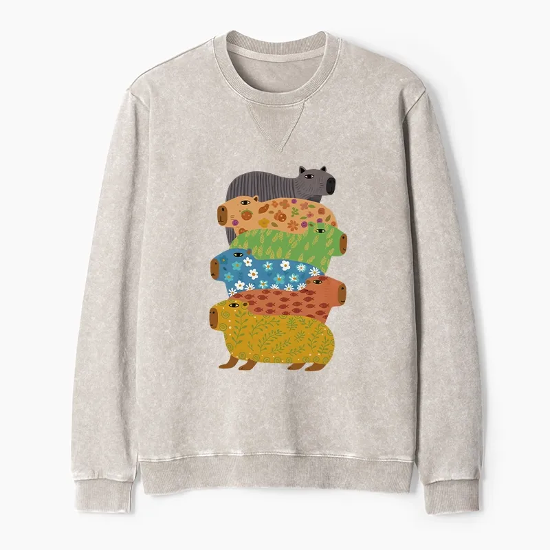 Tokyo-Tiger Colorful Capybaras Washed Terry Sweatshirt Sale