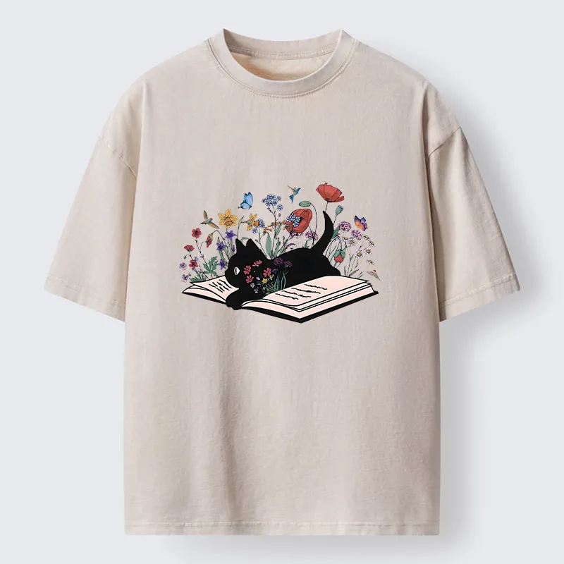 Tokyo-Tiger Black Cat Reading Washed T-Shirt Sale