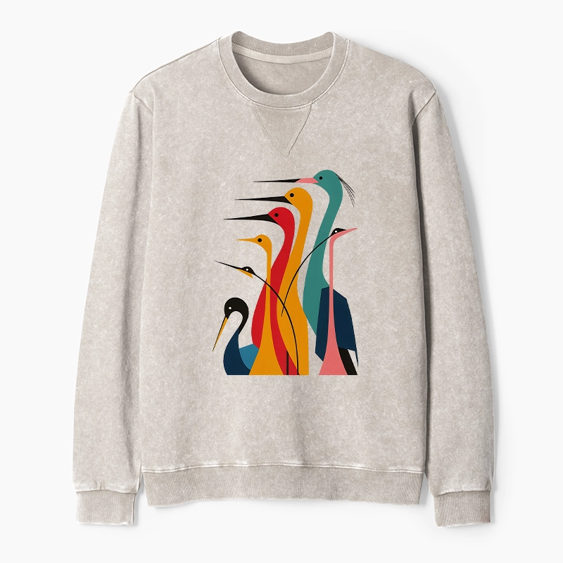 Tokyo-Tiger Various Types Of Cranes Washed Terry Sweatshirt