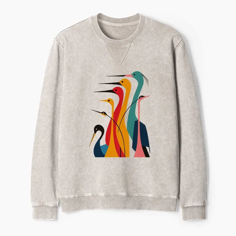 Tokyo-Tiger Various Types Of Cranes Washed Terry Sweatshirt Sale