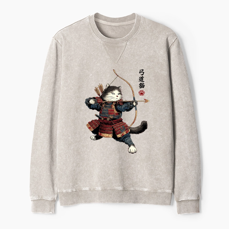 Tokyo-Tiger Kyudo Samurai Cat Washed Terry Sweatshirt