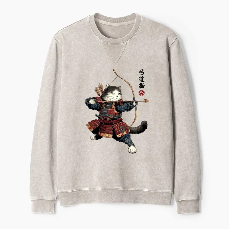 Tokyo-Tiger Kyudo Samurai Cat Washed Terry Sweatshirt Sale