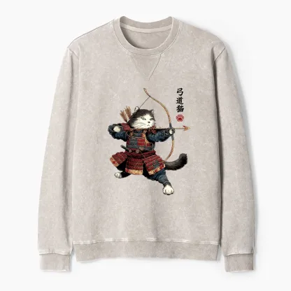 Tokyo-Tiger Kyudo Samurai Cat Washed Terry Sweatshirt
