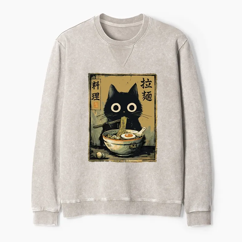 Tokyo-Tiger Cute Black Cat Eating Ramen Japan Washed Terry Sweatshirt