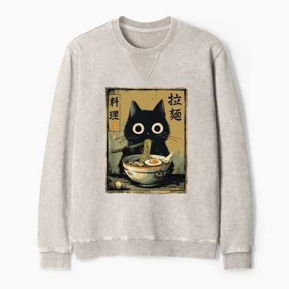 Tokyo-Tiger Cute Black Cat Eating Ramen Japan Washed Terry Sweatshirt