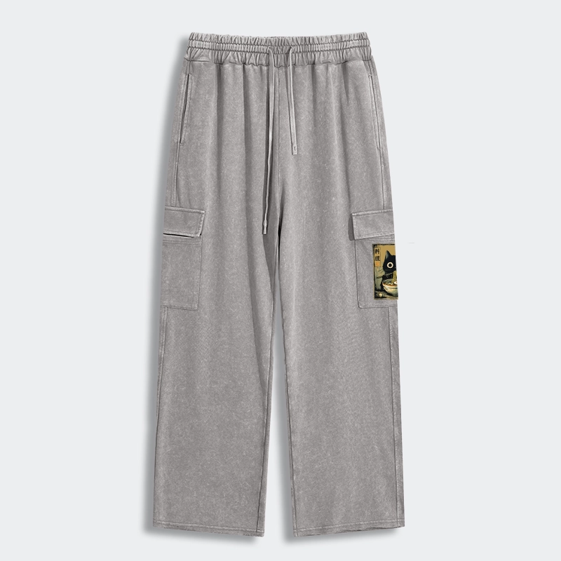 Tokyo-Tiger Cute Black Cat Eating Ramen Japan Washed Utility Sweatpants
