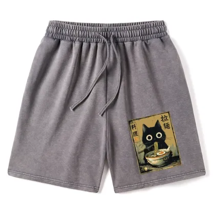Tokyo-Tiger Cute Black Cat Eating Ramen Japan Washed Shorts