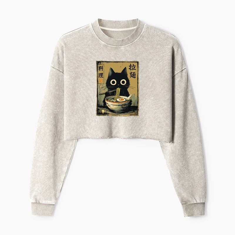 Tokyo-Tiger Cute Black Cat Eating Ramen Japan Washed Crop Sweatshirt