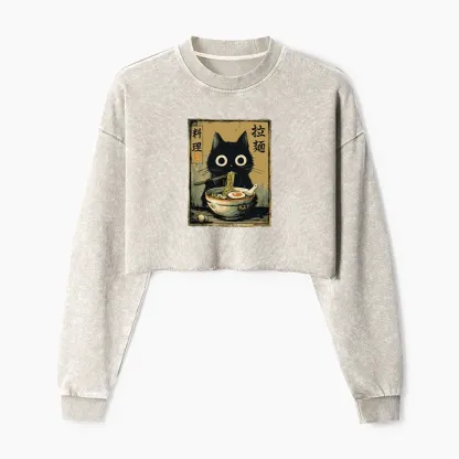 Tokyo-Tiger Cute Black Cat Eating Ramen Japan Washed Crop Sweatshirt