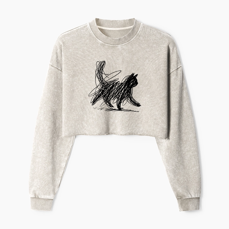 Tokyo-Tiger Minimalist Cat Art Washed Crop Sweatshirt