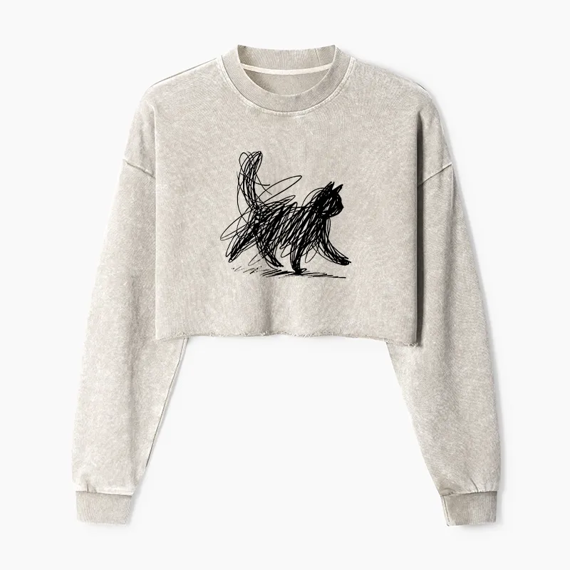 Tokyo-Tiger Minimalist Cat Art Washed Crop Sweatshirt Sale