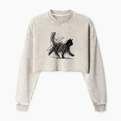 Tokyo-Tiger Minimalist Cat Art Washed Crop Sweatshirt