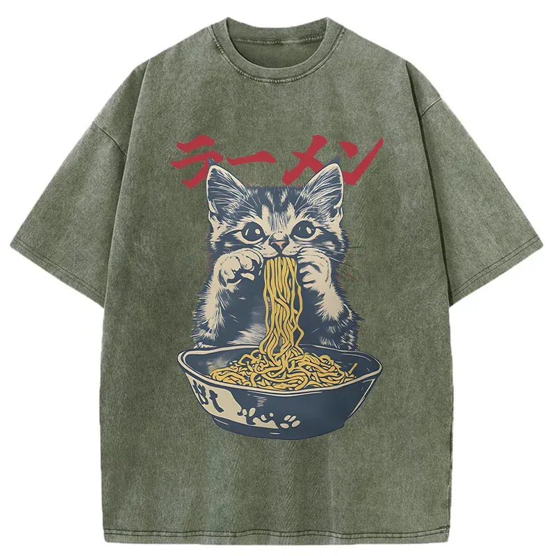 Tokyo-Tiger Cute Cat Is Eating Ramen Washed T-Shirt