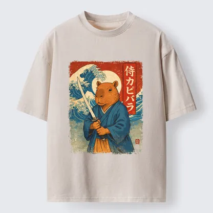 Tokyo-Tiger Capybara Japanese Samurai And Wave Washed T-Shirt