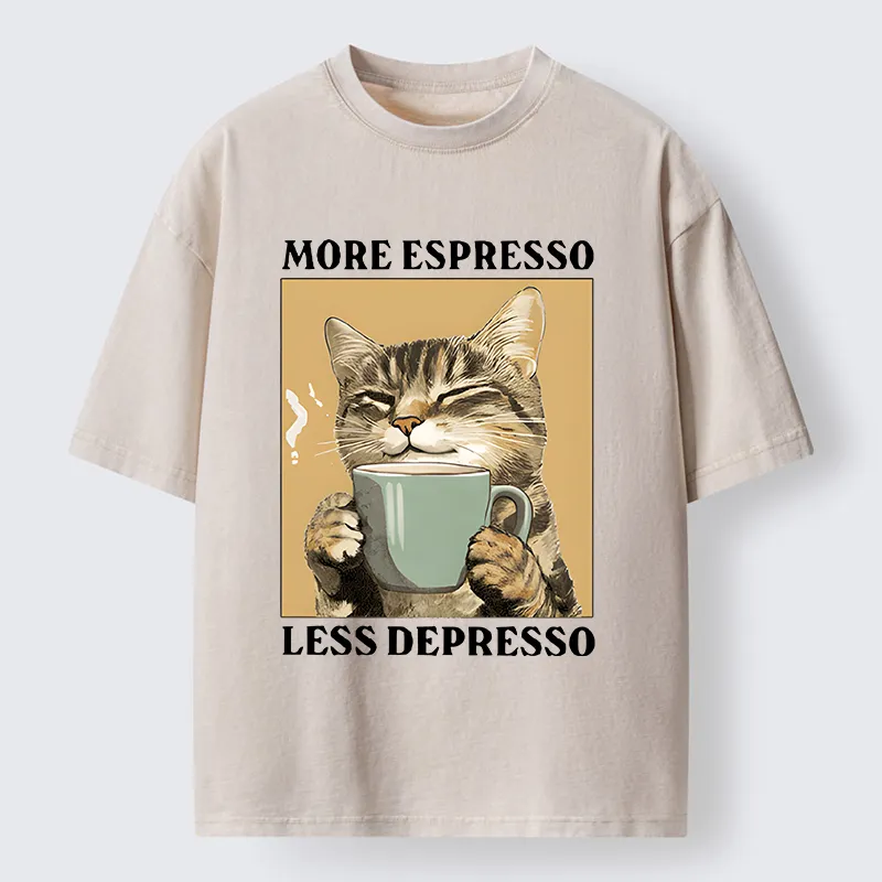 Tokyo-Tiger Cute Cat Drinking Coffee Washed T-Shirt Sale